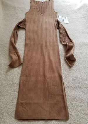 GOOD AMERICAN Sleeveless Rib Knit Tie Waist Midi Dress Taupe Tan Size 2 M thumbnail 8