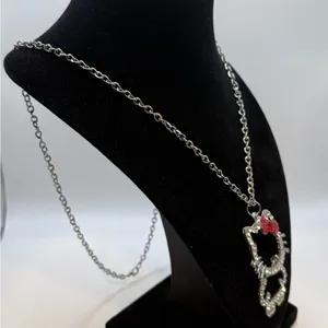 Rhinestone Hello Kitty Pendant Necklace with Red Bow and Silver Chain thumbnail 2