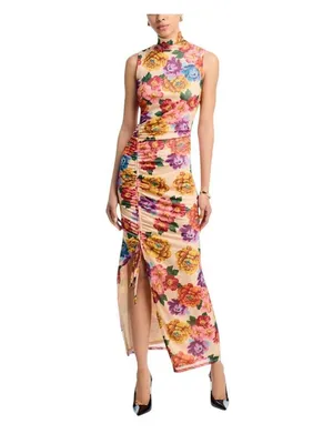 Aqua Womens Mesh Ruched Floral Maxi Dress DI10749BL Yellow Multi S thumbnail 7
