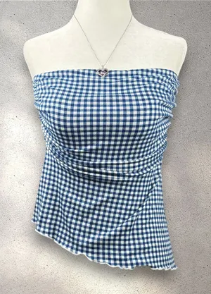 Y2K Style Tree Gingham Tube Top Women's M Blue Plaid Asymmetrical Summer Boho thumbnail 1