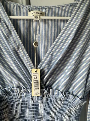 NWT MAX STUDIO XS Mini dress blue white stripe cinched waist flutter sleeves thumbnail 3
