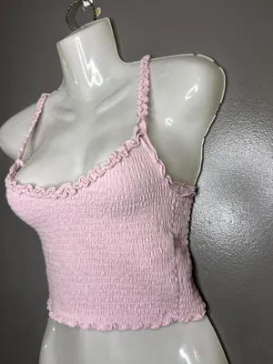 Hollister Tank Top Womens Small Pink Smocked Ruffle Strap Cropped Cami Summer thumbnail 3