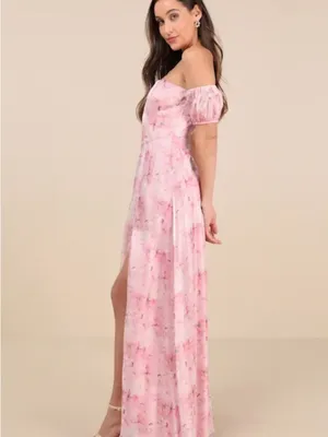 Lulus Idyllic Charisma Light Pink Floral Off-the-shoulder Maxi Dress - Size XS thumbnail 4