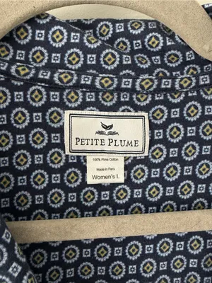 Petite Plume Navy Yellow Pima Cotton Button Down Wide Sleeve Pajama Top L thumbnail 3