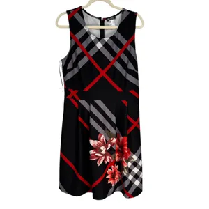 Venus Black‎ Red Gray Plaid Floral Sleeveless Knee Length Dress Women's Size L thumbnail 8