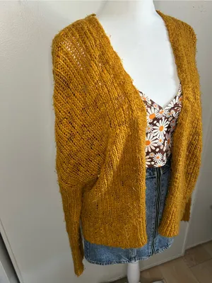 LA Hearts Oversized Boho Fuzzy Knit Cardigan Sweater in Mustard Gold thumbnail 2