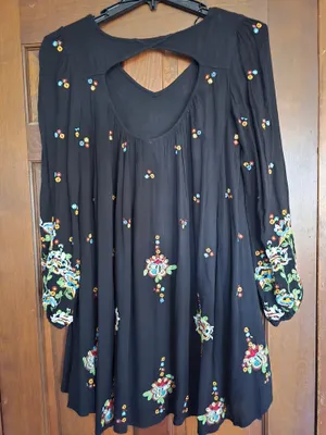 O Free People Black Mini Dress with Colorful Floral Embroidery Medium thumbnail 6