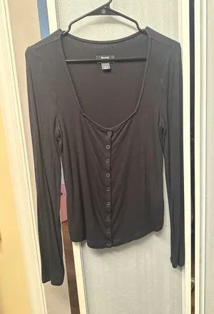 Maeve by Anthropologie Black Square Neck Ribbed Henley Long Sleeve Top thumbnail 1