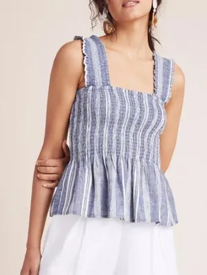 Anthropologie Maeve Schuyler Smocked Blue & White Striped Peplum Top Sz‎ M thumbnail 1