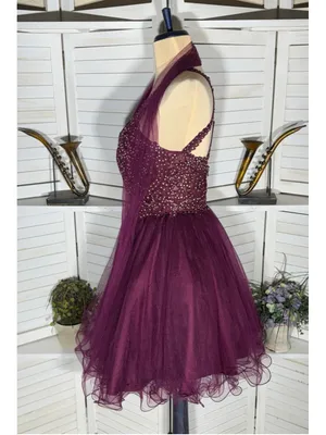Burgundy mesh mini dress beaded halter open back fit flare homecoming whimsigoth thumbnail 4