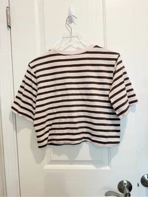 ANTHROPOLOGIE MAEVE Corey Short Sleeve Boxy Tee in PinkTaupe Brown Stripe XS thumbnail 3