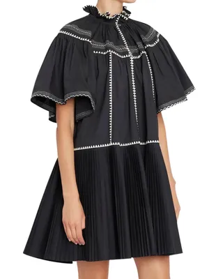 Ulla Johnson Desi pleated black embroidered v neck mini Dress 6 thumbnail 1