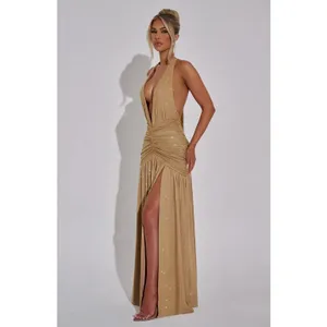 NWT Babyboo Melania Gold Sparkle Ruched Halter Plunge V-Neck Maxi Dress Size M thumbnail 2