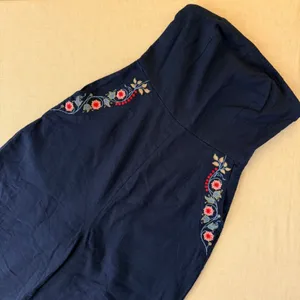 Bombay Paisley Strapless‎ Embroidered Linen Blend Jumpsuit Navy Blue XS Boho thumbnail 5