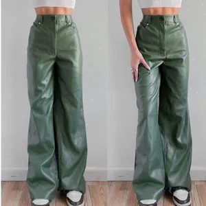Urban Outfitters‎ Faux Leather Wide Leg Green Pant Olive Army Hunter High Waist thumbnail 2