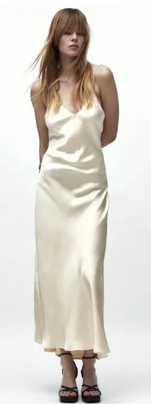 ZARA Satin Maxi Slip Dress Sz L Champagne‎ Gold Double Strap NEW with FLAW thumbnail 1