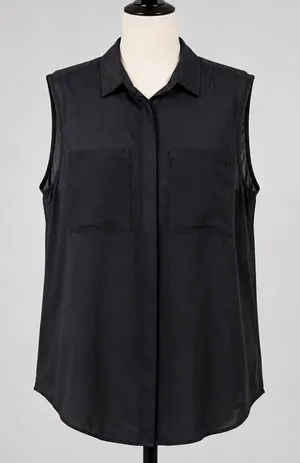 Zara Womens Black Sleeveless‎ Button Down Mesh Trim Pocket Shirt Medium NEW thumbnail 1