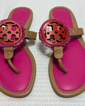 Tory Burch Hot Pink and Tan Miller Thong Sandals thumbnail 1