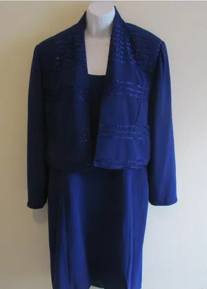 Vintage Rimini Dress Set M Royal Blue Beaded Jacket Sheath‎ Formal Cocktail 2Pc thumbnail 1
