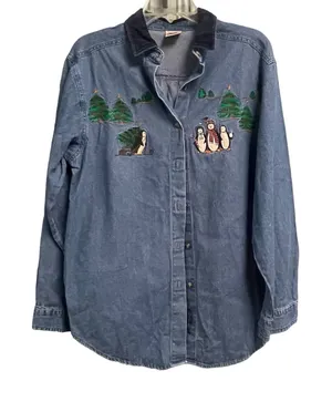 High Sierra Vintage Penguin Holiday Denim Button Up Sz Shirt Medium Jean Christmas thumbnail 1