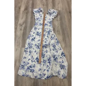 & Other Stories Blue White Floral Toile Linen Puff Sleeve Midi Dress Size 6 thumbnail 6