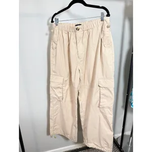 Forever 21‎ Cream Cargo Pants Wide Leg Drawstring Ankles Size Large thumbnail 2