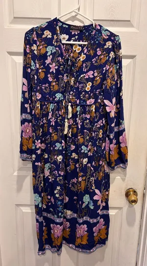 R Yiposha Navy Blue Floral Boho Empire Waist Midi Dress XS 0/2 Long Sleeve thumbnail 1