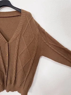 Camel Brown Cable Knit Button Front V Neck Oversized Cardigan Sweater thumbnail 4