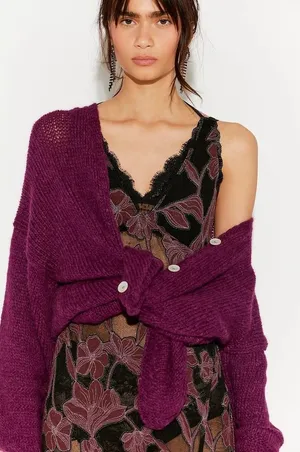 NWT!! FREE PEOPLE Marina SoftSpun Cardi Cardigan Sweater Purple Wine Alpaca S thumbnail 1