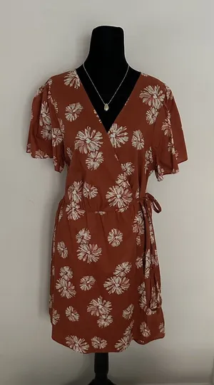 Madewell Women's Wrap Floral Print Mini Dress Burnt Orange/ Rusty Size XL EUC thumbnail 1