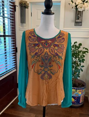 Flying Tomato NWOT Unique Embroidered Camel, Green and Navy Women's Blouse thumbnail 1