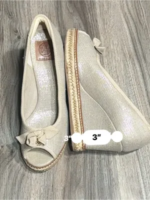 Tory Burch Espadrille Wedge Peep Toe Bow Pumps Metallic Beige. thumbnail 12