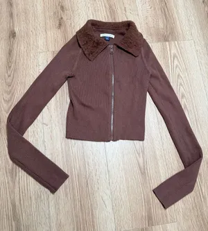 American Eagle Womens Brown Ribbed Zip Up Sweater Fuzzy Collar Cardigan XS thumbnail 1