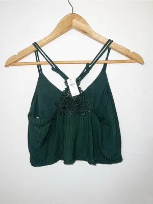 Aerie Dark Green Ribbed Lace-Back Floral Cami Crop Top thumbnail 5