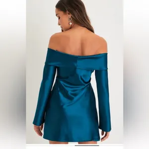 Lulus Luxurious Vision Teal Satin Off-the-Shoulder Mini Dress Size Small thumbnail 3