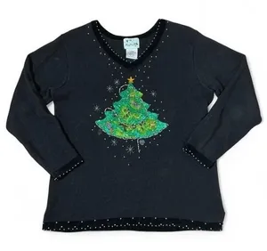 Quacker Factory Sequin Christmas Tree Sweater Womens Large Black Velvet Beaded thumbnail 1