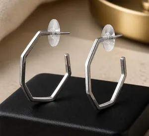 Silver Tone Geometric Hexagon Hoop Earrings Open Hoop Studs with Free Backs thumbnail 1