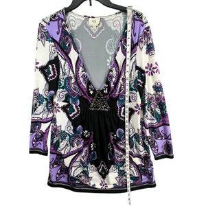 ECI Y2K Babydoll Tunic Dress L Purple Paisley Studded Top Fairy‎ Whimsygoth Boho thumbnail 10