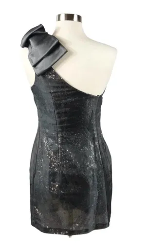 AQUA Cocktail Dress One Shoulder Metallic Silver Pewter Sequins Bow Accent 2 thumbnail 1