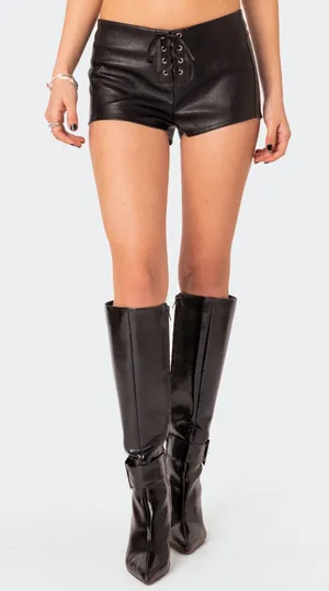 Edikted Wilde Lace Up Faux Leather Shorts black XS thumbnail 1