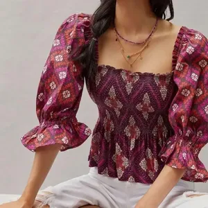 Conditions Apply Smocked Puff Sleeve Top Small Boho‎ Geometric Peplum Peasant thumbnail 1
