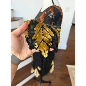Vintage 90s Black Gold Fall Leaf Pattern Silk Sequin Long Sleeve Shift Dress thumbnail 3