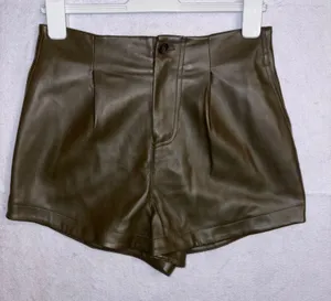 Avec Les Filles Olive Green Faux Leather high Waist Pleated Shorts‎ Size S thumbnail 1