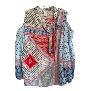 Chicos Cold Shoulder‎ Tie Neck Patchwork Blouse Red White Blue Size 2 Large thumbnail 3