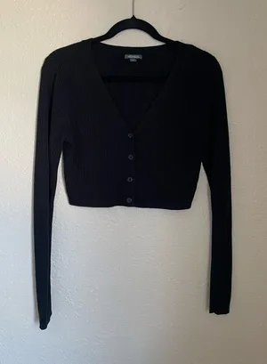 Wild Fable V Neck Cropped Ribbed Cardigan Size S Black Button Front Long Sleeves thumbnail 1