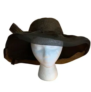 Vintage Adolfo Ii Black Wide Brim Linen Hat With Striped Bow thumbnail 1