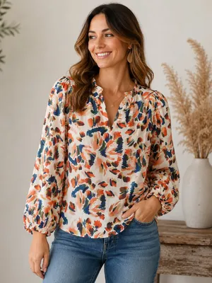 Jodifl Womens Long Sleeve Floral Ruffle V Neck Blouse M Boho Bright Statement thumbnail 1