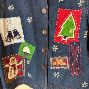 Vintage NorthCrest Blue Denim Christmas Patchwork Jacket Snowman Holiday‎ Large thumbnail 2