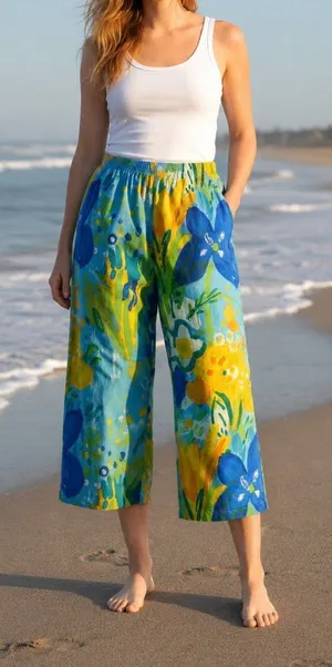 Jams World Hawaii Tropical Floral Wide Leg Cropped Pants Rayon Size M/L thumbnail 1