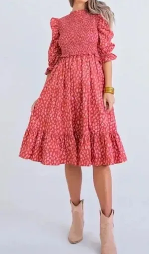 Karlie Smocked Poplin Midi Dress Prairie ruffle Red Leopard Print Size Large thumbnail 1